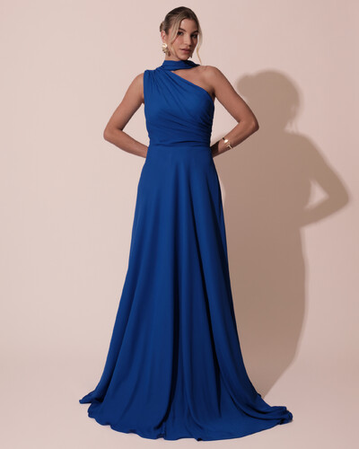 Foto Vestido de Festa Longo Crepe Chiffon Um Ombro Só Drapeado com Lenço Azul Royal