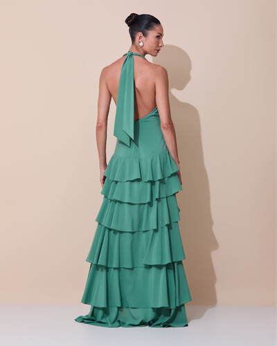 Foto Vestido de Festa Longo Frente Única Degagê Crepe Chiffon Babados Mullet Verde Matcha Escuro