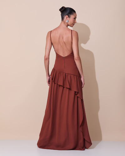 Foto Vestido de Festa Longo Decote Drapeado Crepe Chiffon Fenda Babado Camadas Marrom New