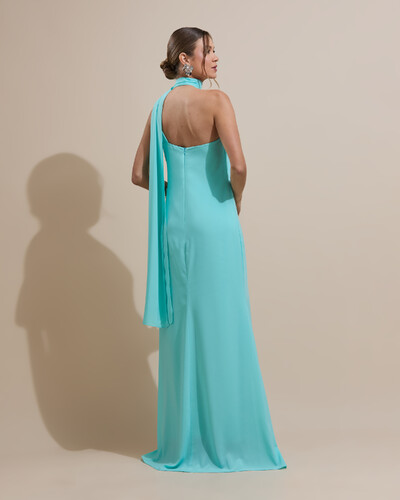 FotoVestido de Festa Longo Crepe Chiffon Um Ombro Só Drapeado Tiffany