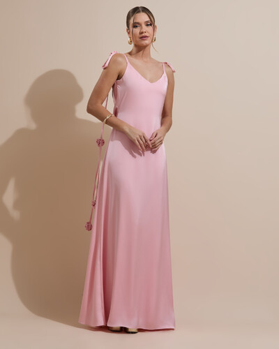 Foto Vestido de Festa Longo Decote Degagê Costas Cetim Flores 3D Alças Rose Gold