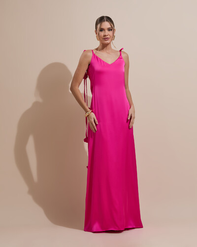 Foto Vestido de Festa Longo Decote Degagê Costas Cetim Flores 3D Alças Pink