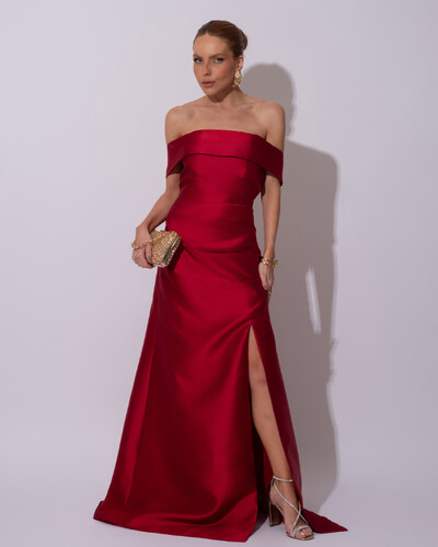 Foto Vestido de Festa Longo Zibeline Ombro a Ombro Drapeado e Fenda Marsala