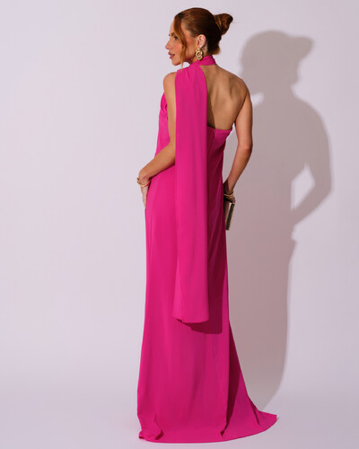 FotoVestido de Festa Longo Crepe Chiffon Um Ombro Só Drapeado Pink