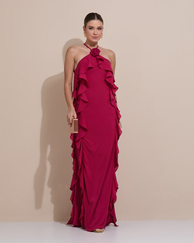Foto Vestido de Festa Longo Crepe Chiffon Frente Única Babados Cascata e Flor Cereja