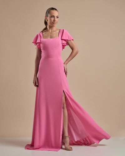 Foto Vestido de Festa Longo Crepe Chiffon Manga Babado e Fenda Rosa