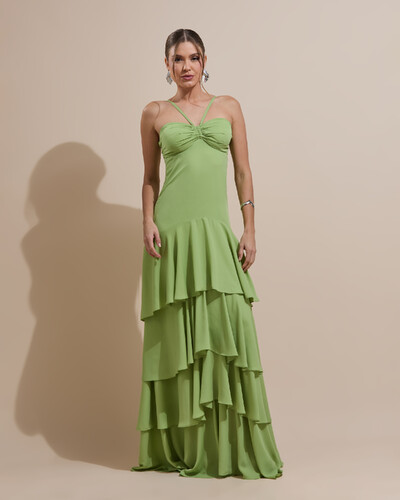 Foto Vestido Longo Crepe com Babado em Camadas Verde Garden