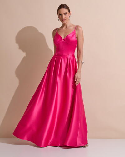 Foto Vestido de Festa Longo Alça Fina Decote V Cetim Saia Evasê Pink