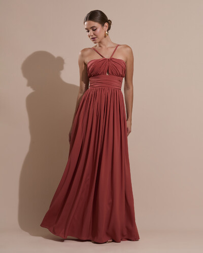 Foto Vestido de Festa Longo Crepe Chiffon Drapeado com Alças Finas Terracota