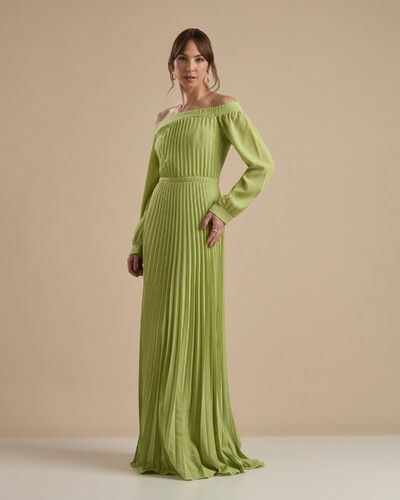 Foto Vestido de Festa Longo Crepe Chiffon Plissado Ombro a Ombro Verde Pistache