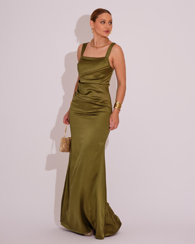Foto Vestido Longo de Festa Cetim Alfaiataria Drapeado Sereia Verde Oliva
