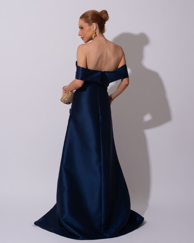 FotoVestido de Festa Longo Zibeline Ombro a Ombro Drapeado e Fenda Azul Marinho