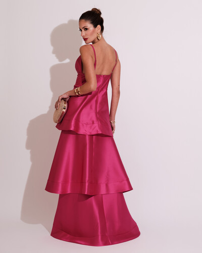 FotoVestido de Festa Longo Zibeline em Camadas Decote em V com Alças Pink