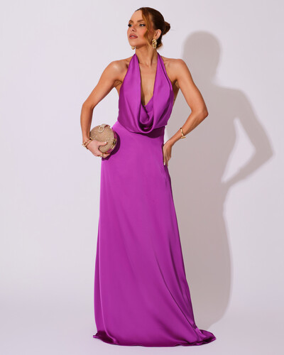 Foto Vestido de Festa Longo Frente Única Degagê Cetim Fluido Fúcsia