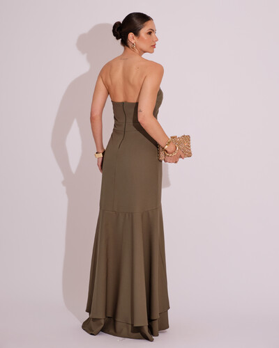 FotoVestido Longo com Fenda de Babados Alfaiataria Verde Oliva