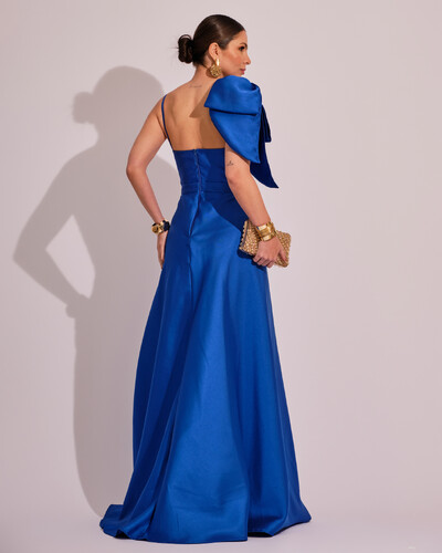 FotoVestido de Festa Longo em Zibeline com Laço Removível Azul Royal