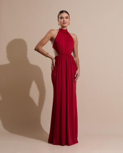 Foto Vestido de Festa Longo Malha Jersey Gola Alta Saia Sereia Vermelho Escuro