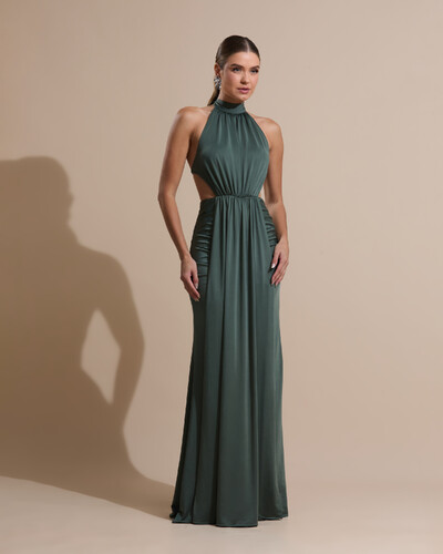 Foto Vestido de Festa Longo Malha Jersey Gola Alta Saia Sereia Verde Oliva