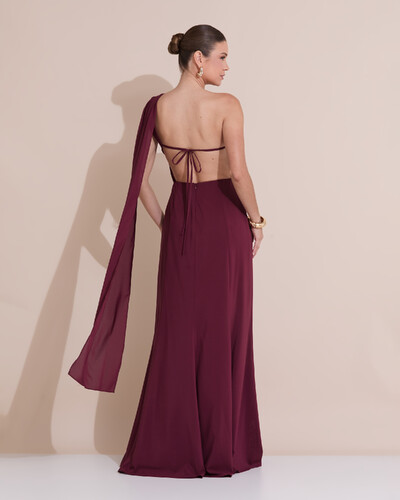 Foto Vestido de Festa Longo Um Ombro Só Crepe Chiffon Lenço Marsala