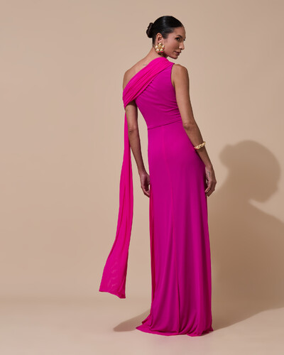 Foto Vestido de Festa Longo Um Ombro Só Tule Faixa Drapeada Lenço Pink