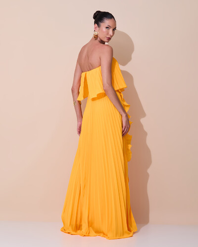 Foto Vestido de Festa Longo Crepe Chiffon Tomara que Caia Plissado com Babado Cascata Laranja Manga New