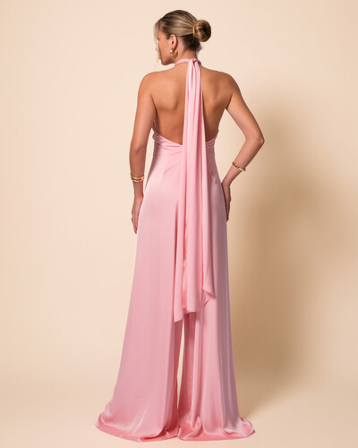 FotoMacacão de Festa Longo em Cetim Fluido com Gola Alta e Lenço Rose Gold