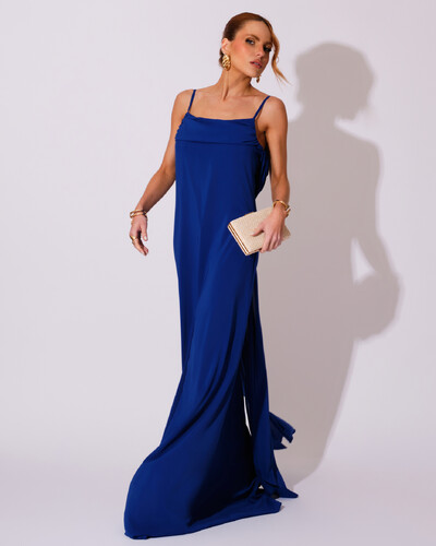 Foto Vestido de Festa Longo Crepe Chiffon Costas Lenço Cauda Azul Royal