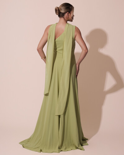 FotoVestido de Festa Longo Crepe Chiffon Um Ombro Só Drapeado com Lenço Verde Garden