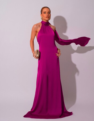 Foto Vestido de Festa Gola Alta com Decote nas Costas Acetinado Fúcsia Beterraba