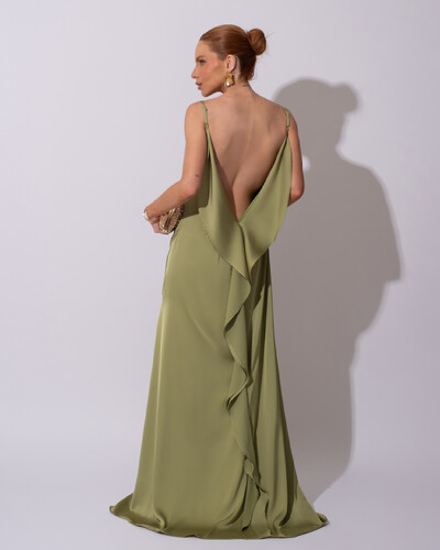 FotoVestido de Festa Longo Babado Costas Cetim Fluido e Fenda Verde Pistache