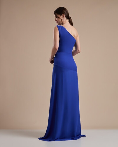 FotoVestido de Festa Longo Crepe Chiffon Um Ombro Só Drapeado com Babado Cascata Azul Royal