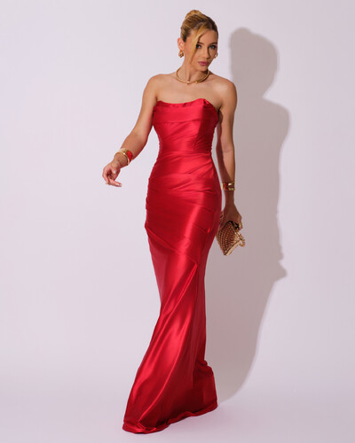 Foto Vestido de Festa longo Cetim Malha Metálico Tomara que Caia Detalhe Drapeado Vermelho