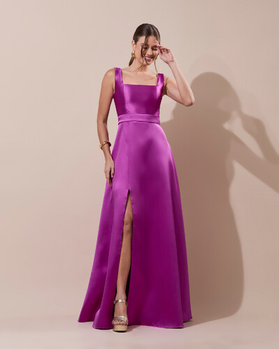 Foto Vestido de Festa Longo Zibeline com Fenda e Faixa Fúcsia