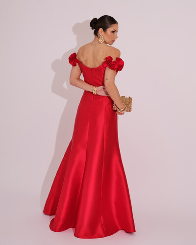 FotoVestido Longo de Festa Zibeline Ombro a Ombro com Flores e Fenda Vermelho