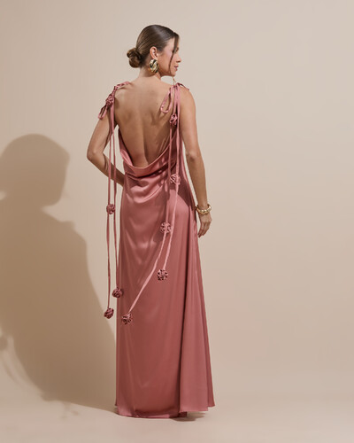 FotoVestido de Festa Longo Decote Degagê Costas Cetim Flores 3D Alças Rosa Blush