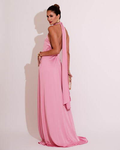 FotoVestido de Festa Gola Alta com Decote nas Costas Acetinado Rosa