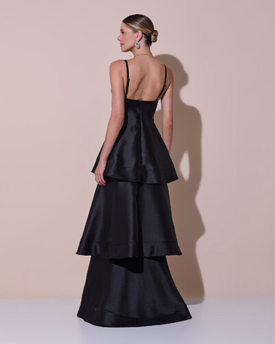 Foto Vestido de Festa Longo Zibeline em Camadas Decote em V com Alças Preto