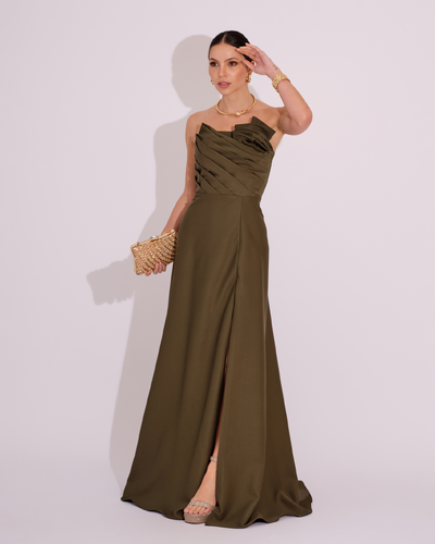 Foto Vestido de Festa Longo Alfaiataria Tomara que Caia com Fenda Detalhe Verde Oliva