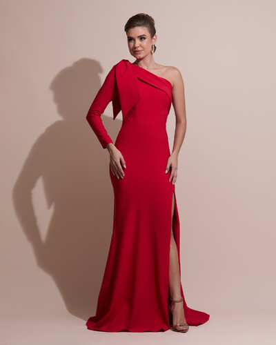 Foto Vestido de Festa com Laço de Um Ombro em Alfaiataria Fenda Vermelho