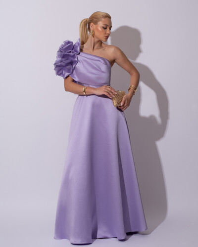 Foto Vestido de Festa Longo Zibeline um Ombro Só Flor Drapeado Lilás