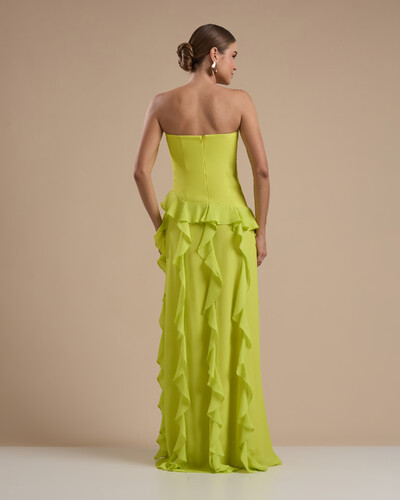 Foto Vestido de festa Longo Tomara que Caia Crepe Chiffon com Bababos Cascata e Fenda Verde Lima