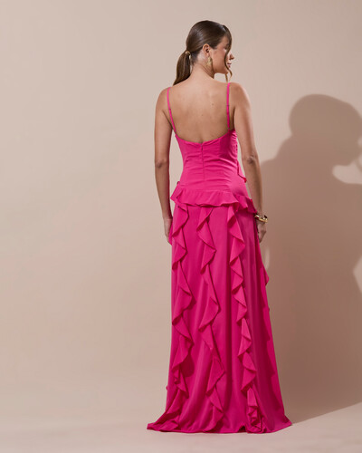 Foto Vestido de Festa Longo Decote V Crepe Chiffon Babados Cascata e Fenda Pink New