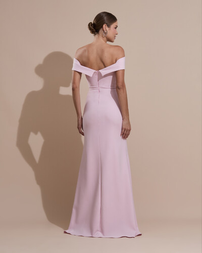FotoVestido de Festa Longo Alfaiataria Ombro a Ombro com Fenda Rosa Claro