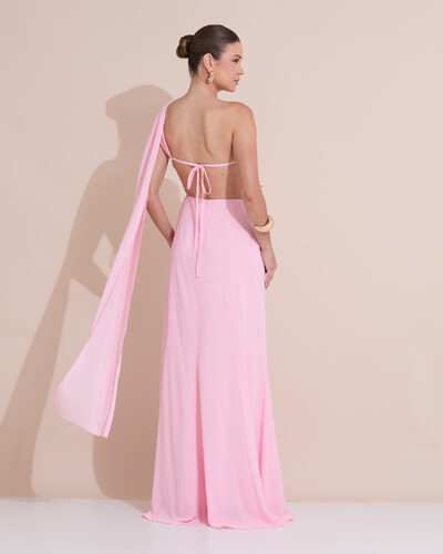 Foto Vestido de Festa Longo Um Ombro Só Crepe Chiffon Lenço Rosa Claro