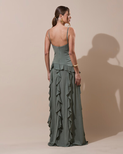 Foto Vestido de Festa Longo Decote V Crepe Chiffon Babados Cascata e Fenda Verde Oliva