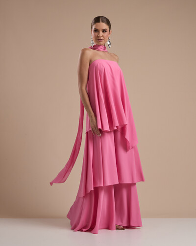 Foto Vestido de Festa Longo Chiffon Crepe em Camadas com Lenço Rosa