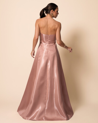 FotoVestido de Festa Longo Cetim Cristal Tomara que Caia com Flor 3D Mocha Mousse