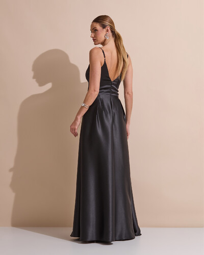 Foto Vestido de Festa Longo Alça Fina Decote V Cetim Saia Evasê Preto