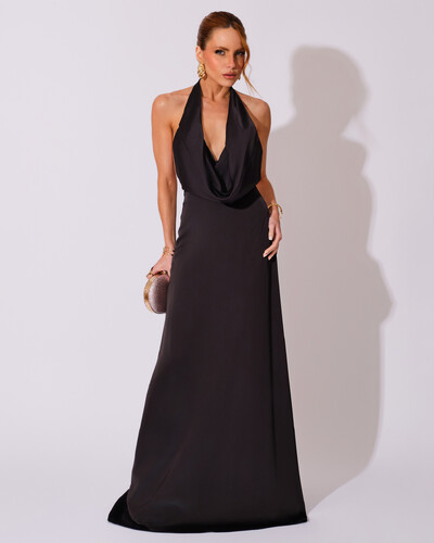 Foto Vestido de Festa Longo Frente Única Degagê Cetim Fluido Preto