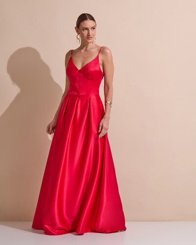 Foto Vestido de Festa Longo Alça Fina Decote V Cetim Saia Evasê Vermelho